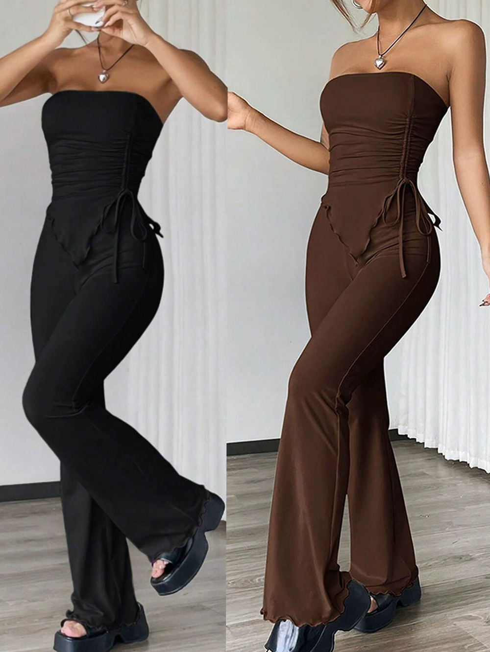ZARA Sexy Streetwear Spring Summer Strapless Top Pants 2-Piece Set